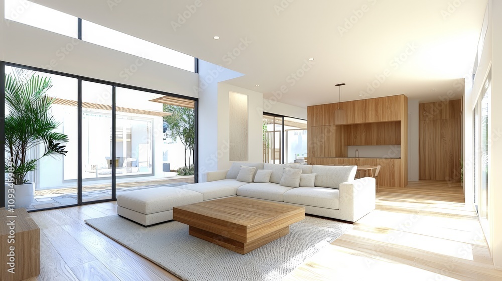 Modern open plan living room with pool view Modern open plan living room with pool view