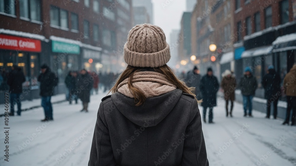 Mujer caminando en una calle nevada de la ciudad en un día de invierno Mujer caminando en una calle nevada de la ciudad en un día de invierno