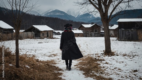 Entorno Nevado con una mujer abrigada  con gorro y abrigo de invierno photo