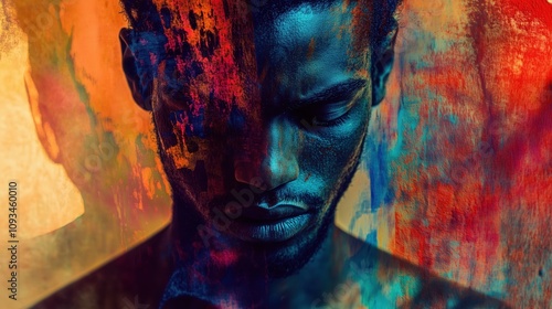 African american man with artistic abstract color background