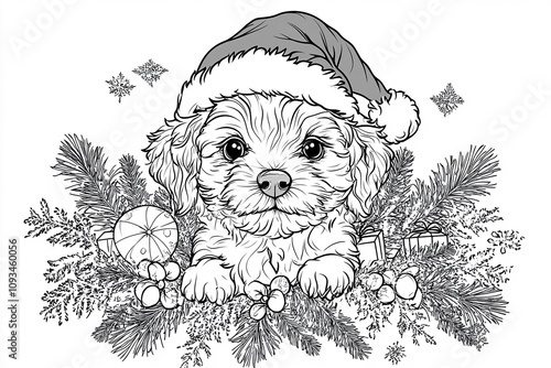 christmas colouring page a4 size. cute dog with santa hat 