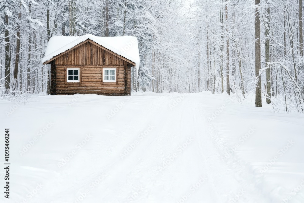 Secluded Wooden Cabin in a Snowy Winter Forest Landscape Secluded Wooden Cabin in a Snowy Winter Forest Landscape