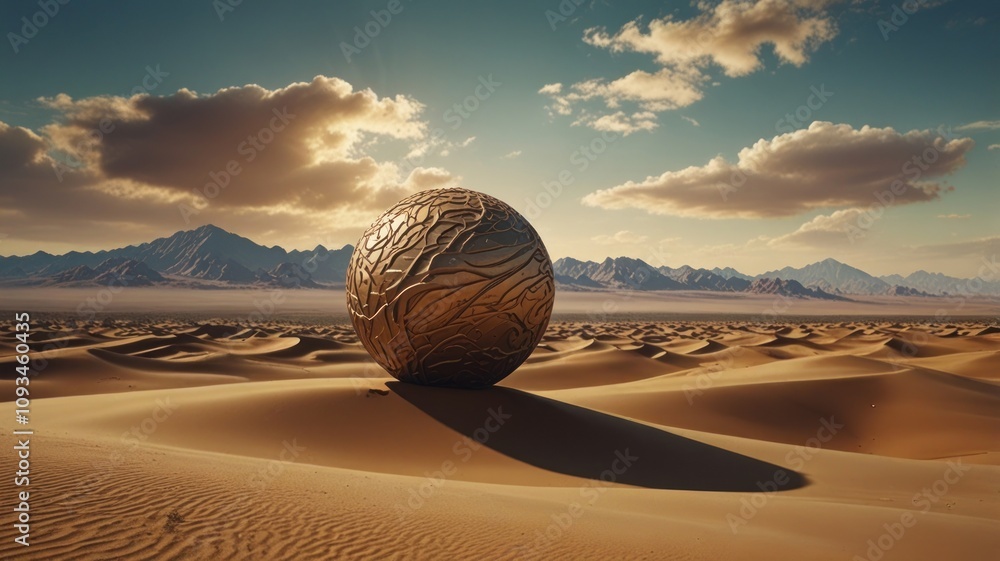 Here's a description and keywords for your image.. Golden sphere rests in vast desert landscape under dramatic sky. Here's a description and keywords for your image.. Golden sphere rests in vast desert landscape under dramatic sky.