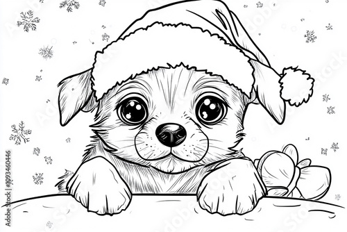christmas colouring page a4 size. cute dog with santa hat 