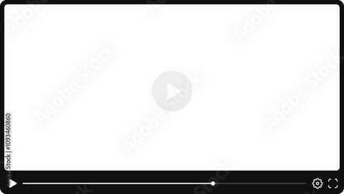 Video player template interface: blank mockup for a video player web UI design. Stock vector suitable for showcasing multimedia player templates on websites.	

