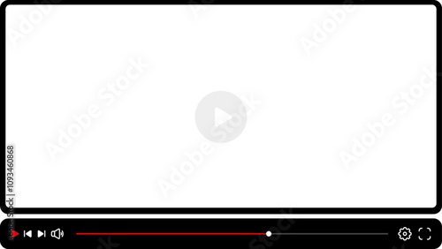 Video player template interface: blank mockup for a video player web UI design. Stock vector suitable for showcasing multimedia player templates on websites.	
