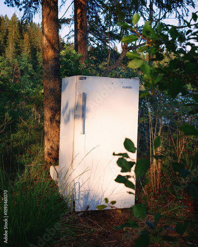 An old refrigerator stands in the middle of the forest on the shore of a lake. photo