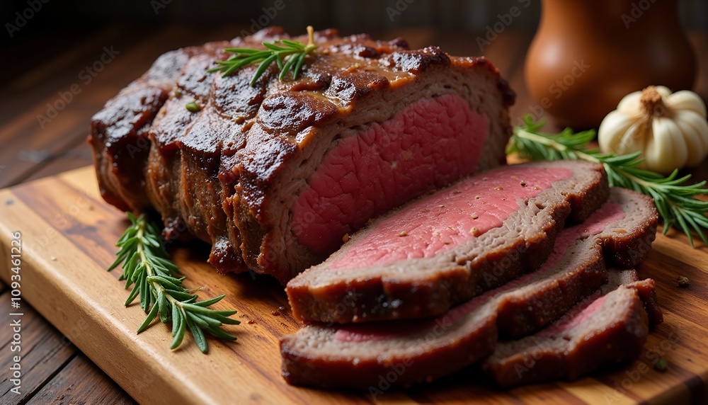 Savory roasted beef with aromatic herbs, garlic, and a rustic wooden backdrop in a cozy kitchen setting Savory roasted beef with aromatic herbs, garlic, and a rustic wooden backdrop in a cozy kitchen setting