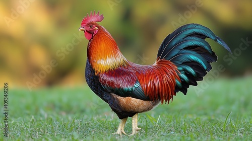 A brightly colored rooster stands on lush grass, showcasing vibrant plumage.