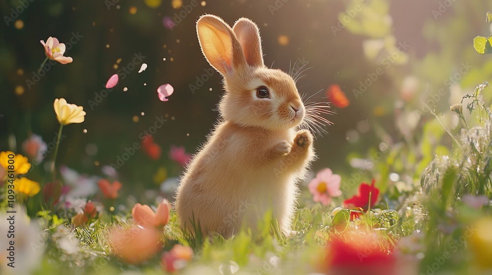 Adorable Baby Bunny in a Vibrant Flower Meadow: A Sweet Spring Scene Adorable Baby Bunny in a Vibrant Flower Meadow: A Sweet Spring Scene
