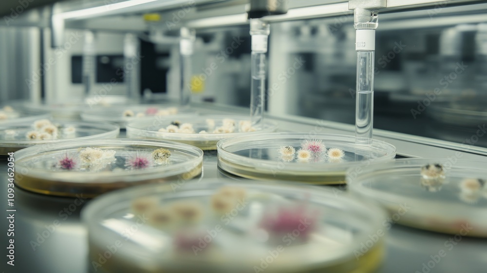 Close-up View of Petri Dishes Containing Bioengineered Organisms in a Laboratory Setting with Advanced Technology and Scientific Equipment Close-up View of Petri Dishes Containing Bioengineered Organisms in a Laboratory Setting with Advanced Technology and Scientific Equipment