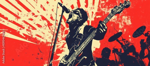 Rock Music Poster: Energetic Guitarist in Red and Black photo