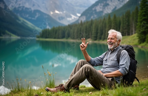 Senior man sits happy on grassy lakeshore. Enjoys nature after challenging hike. Active senior rests by calm lake. Mountain scenery beautiful background. Backpack. Relaxed, thrilled by nature. Good