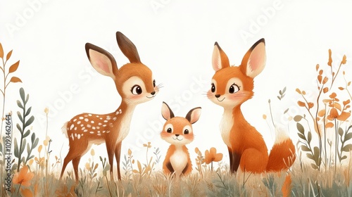 Charming Forest Scene with Adorable Cartoon Animals Including Fawns, Foxes, and Bunnies Surrounded by Colorful Flowers and Grass in a Whimsical Style