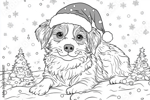 christmas colouring page a4 size. cute dog with santa hat 