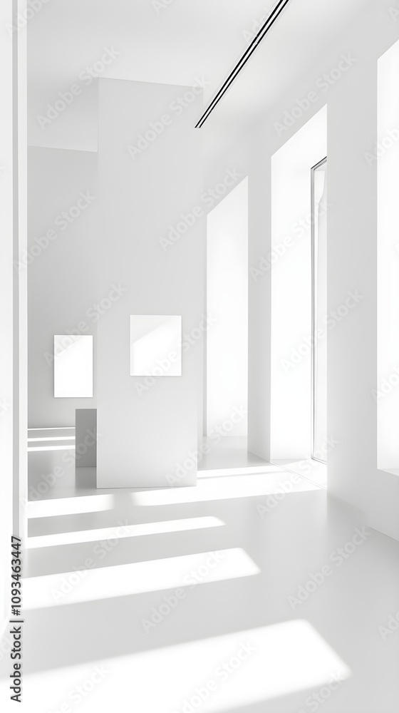 Obraz premium Contemporary Minimalist Interior Design Featuring Bright White Walls and Large Windows Showcasing Natural Light in a Spacious Artistic Environment