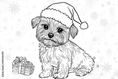 christmas colouring page a4 size. cute dog with santa hat 