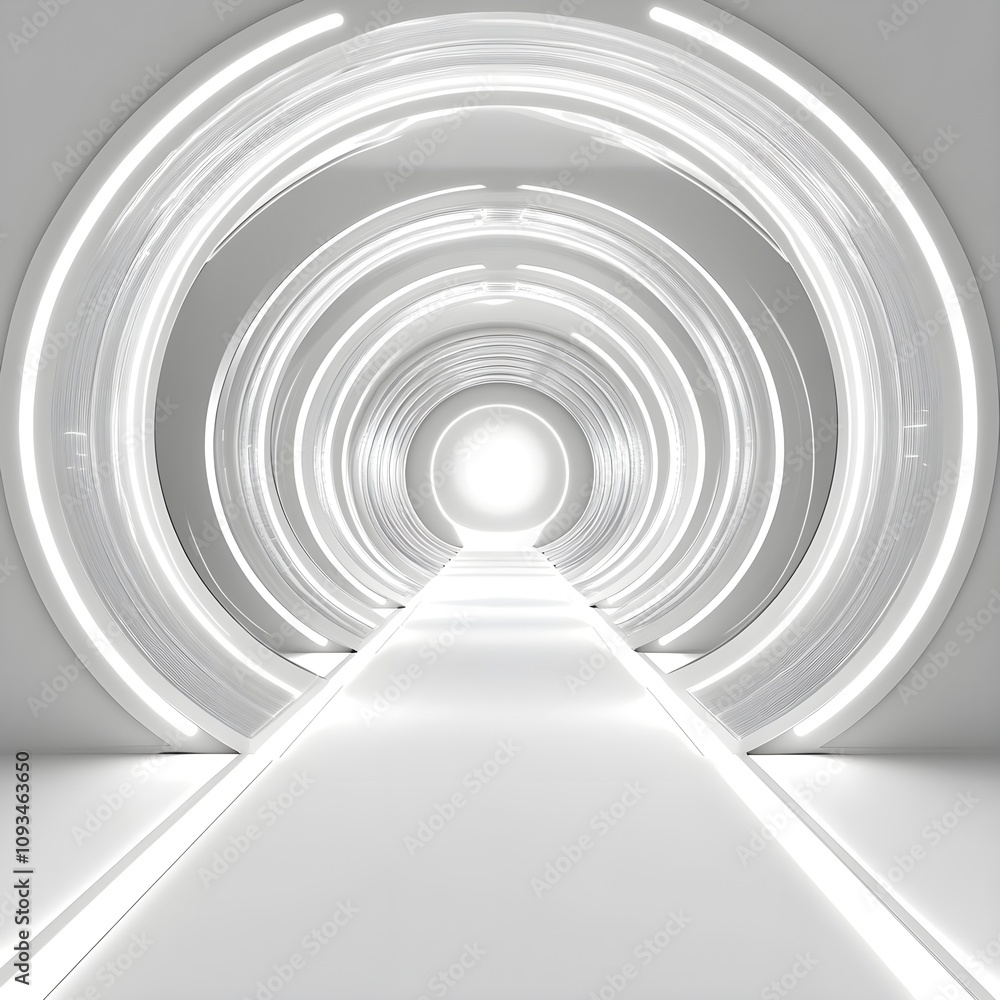 Bright Circular Tunnel with Glowing White Lights and Smooth Pathway Leading to a Radiant Source in a Modern Futuristic Environment Bright Circular Tunnel with Glowing White Lights and Smooth Pathway Leading to a Radiant Source in a Modern Futuristic Environment