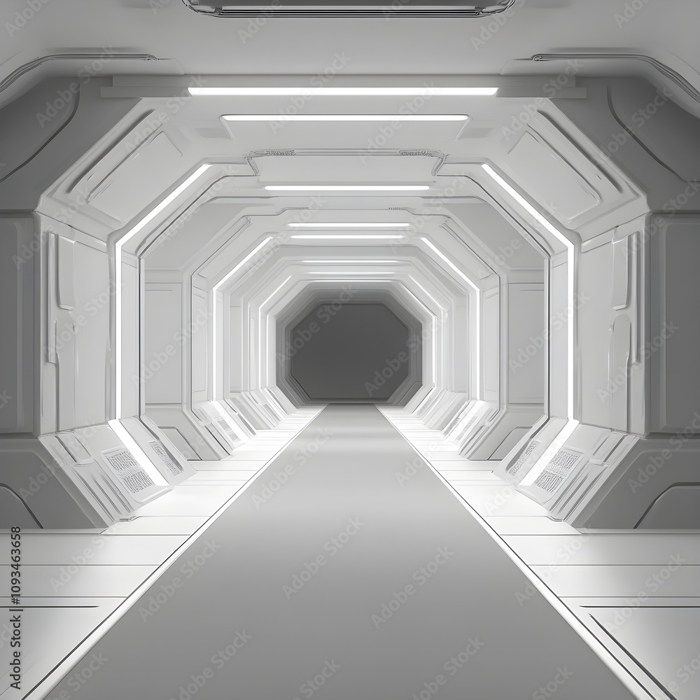 Fototapeta premium Futuristic corridor with sleek white walls and soft ambient lighting, showcasing a clean, modern design perfect for science fiction scenes or architectural concepts.