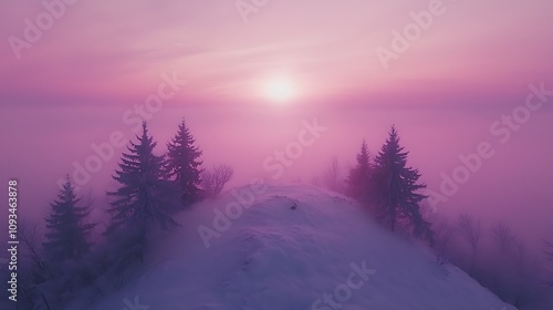 Sunrise over misty forest majestic landscape aerial photography tranquil nature serene viewpoint enchanting atmosphere