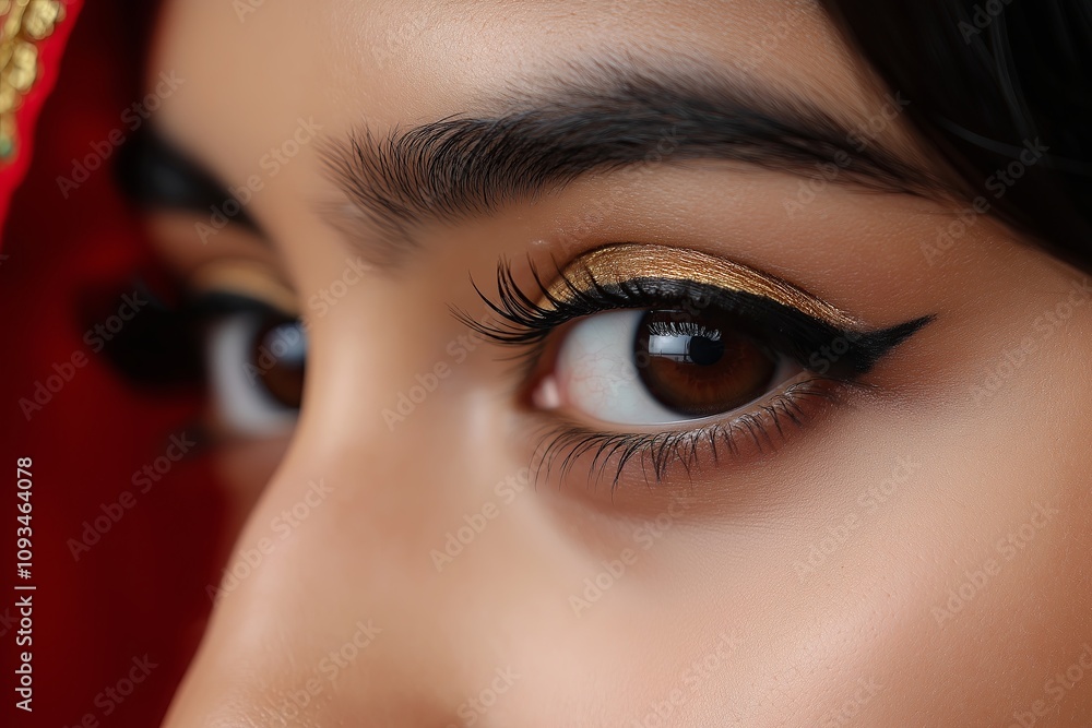 Fototapeta premium Minimalist close-up of an Indian woman's eyes adorned with simple kohl eyeliner