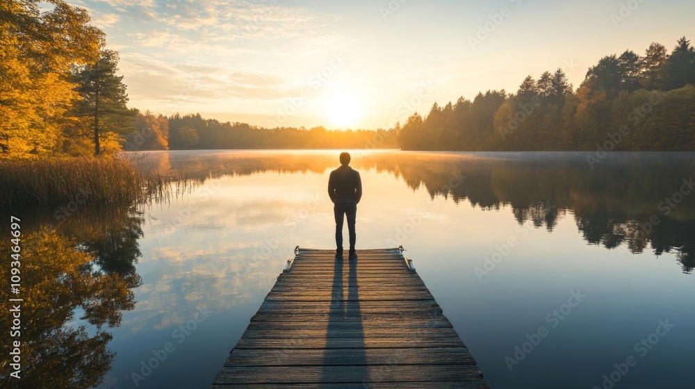 A Solitary Figure Standing on a Dock Gazing at the Tranquil Reflections of a Sunset Over a Serene Lake Surrounded by Autumn Foliage A Solitary Figure Standing on a Dock Gazing at the Tranquil Reflections of a Sunset Over a Serene Lake Surrounded by Autumn Foliage