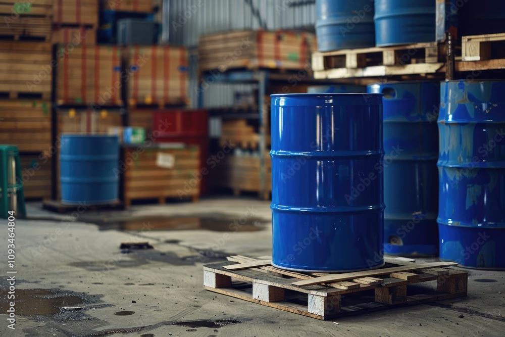 Blue barrel tank on wood pallet in warehouse storage yard.