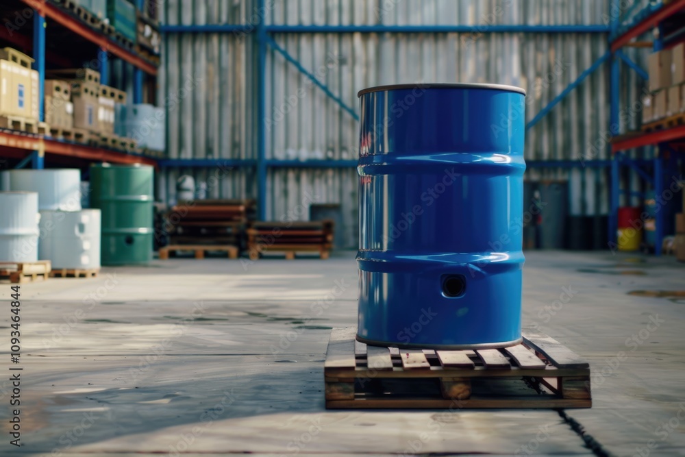 Blue barrel tank on wood pallet in warehouse storage yard. Blue barrel tank on wood pallet in warehouse storage yard.