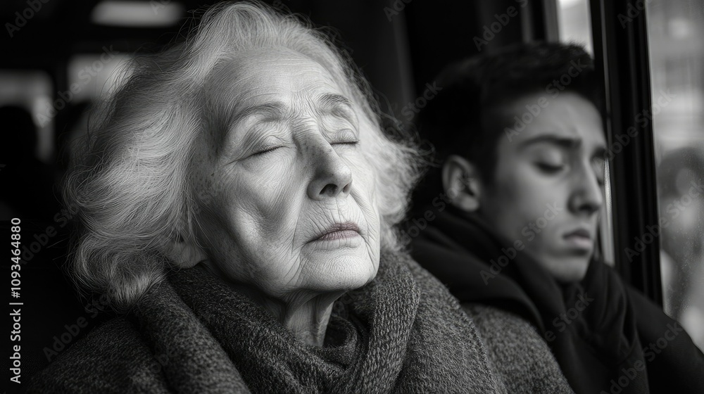 A contemplative moment on public transport, featuring an elderly woman and a young man. A contemplative moment on public transport, featuring an elderly woman and a young man.
