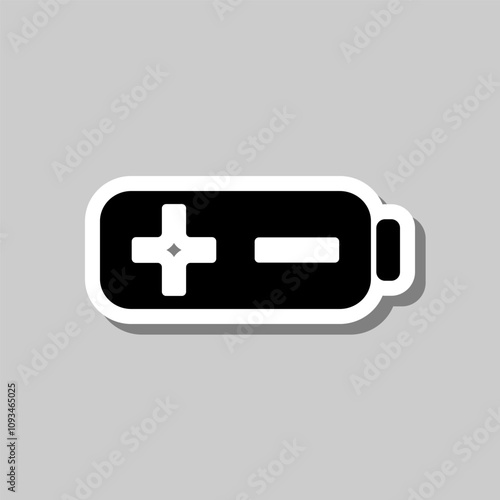 Battery, plus minus simple icon. Flat design. Sticker with shadow on gray background