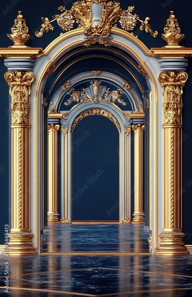 Fototapeta premium An arched structure with a dark blue background and golden decorations