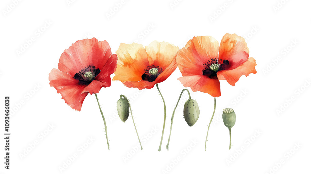 Fototapeta premium Watercolor Painting of Three Red Poppies and Buds