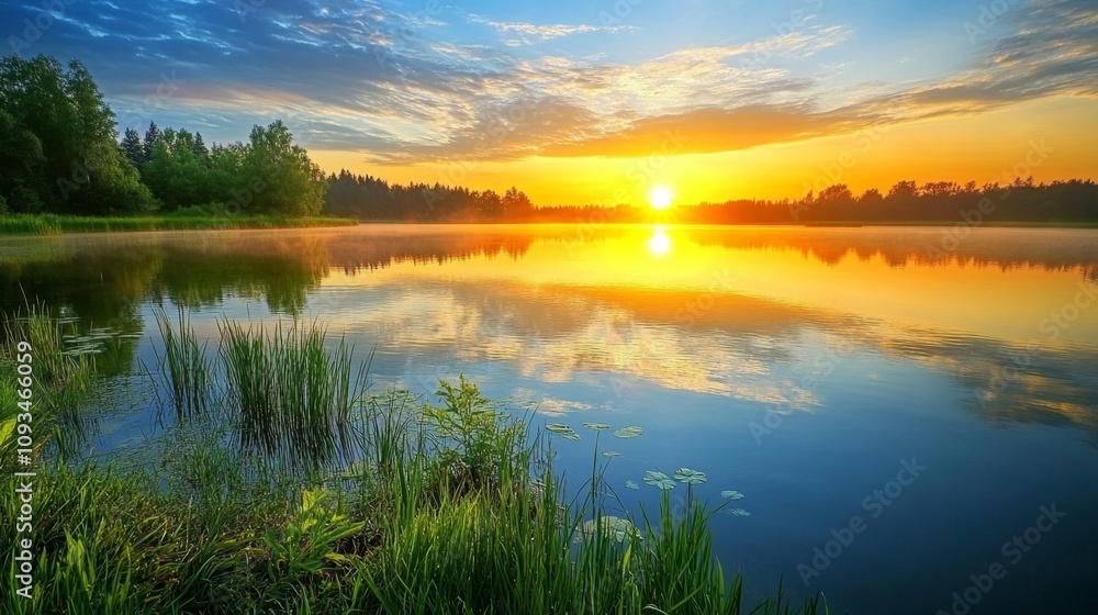 Fototapeta premium Captivating Sunrise Reflected in Calm Lake, Symbolizing Tranquility and Beauty of Nature with Vibrant Colors and Serenity in Landscape