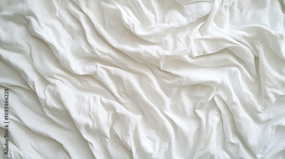 Close-up of white, crumpled bedding fabric texture.
Close-up of white, crumpled bedding fabric texture.