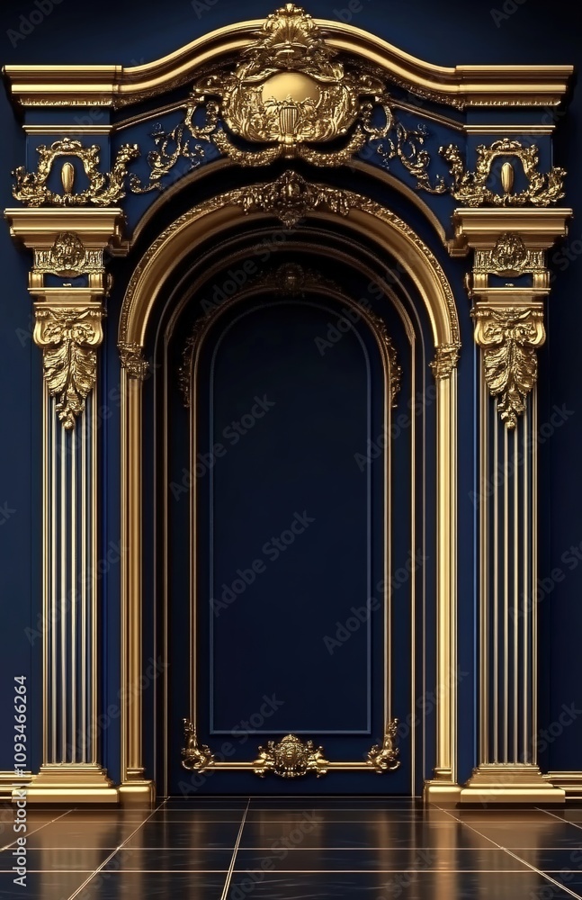 An arched structure with a dark blue background and golden decorations An arched structure with a dark blue background and golden decorations