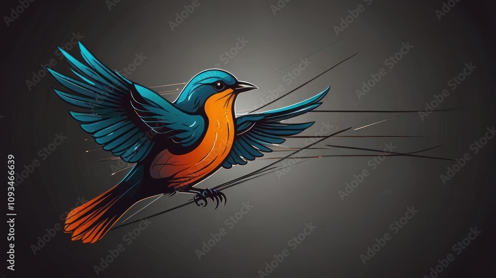 Obraz premium Vivid blue and orange bird in flight, dynamic vector illustration.