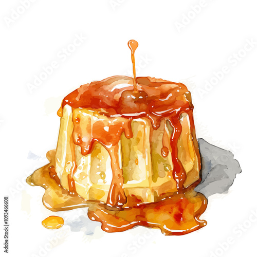 A watercolor painting of Caramel Pudding, isolated on a white background. Caramel Pudding vector.