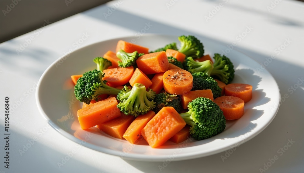 Healthy dish of steamed broccoli and carrots on a white plate with natural light Healthy dish of steamed broccoli and carrots on a white plate with natural light