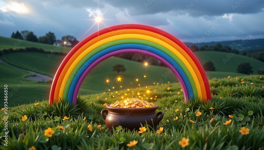 A pot of gold under a colorful rainbow in a lush green field for St. Patrick's Day