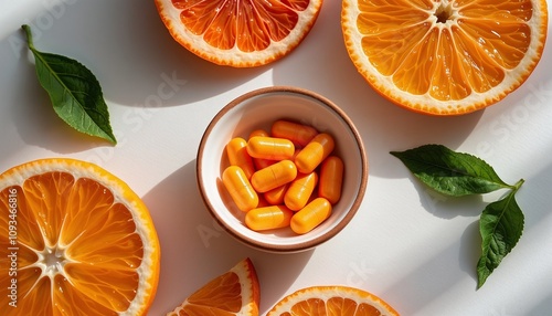 Orange capsules in a bowl surrounded by fresh oranges and green leaves