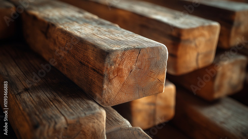 Rustic wooden beams stacked together, showcasing their natural texture and grain