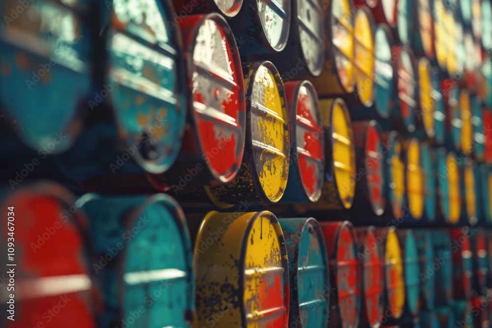 Fototapeta premium Stacked oil barrels and chemical drums in industry setting.