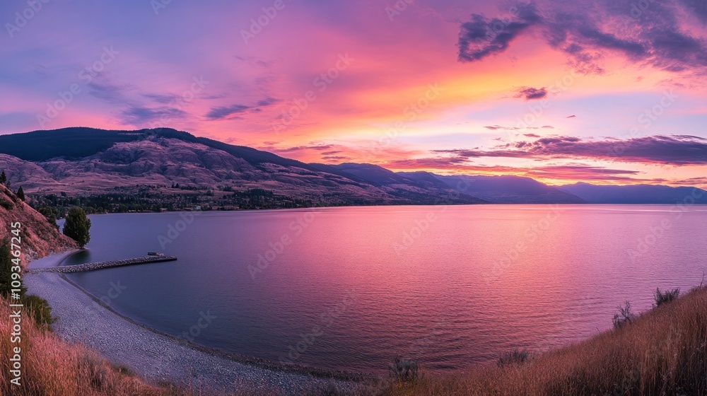 Fototapeta premium Serene Sunset Over Mountain Lake Landscape