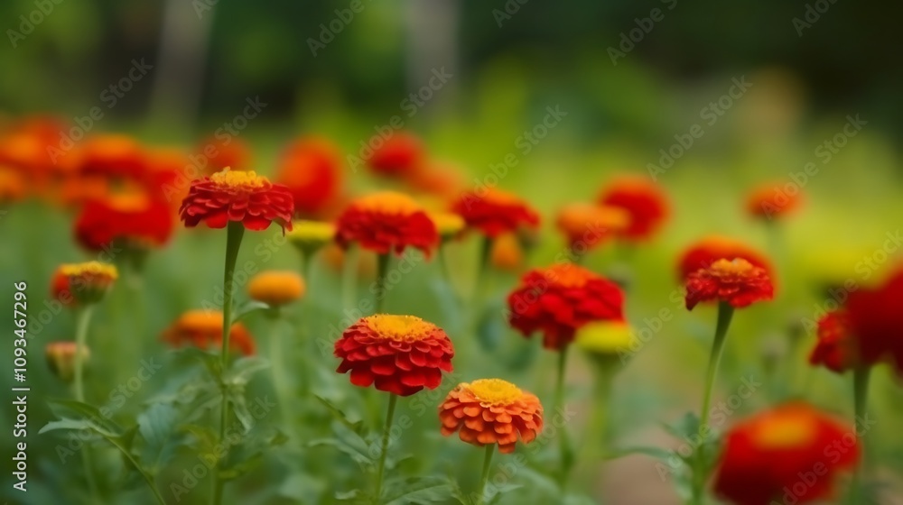 Vibrant Red And Orange Zinnia Flowers In Garden Vibrant Red And Orange Zinnia Flowers In Garden