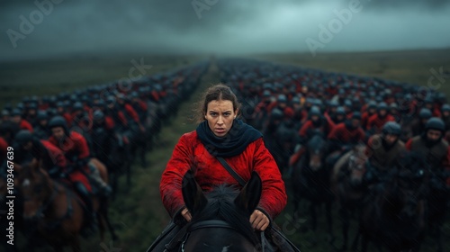 Deborah, fierce and confident, riding a horse at the front of Israel army, with storm clouds gathering overhead. Biblical episode. photo