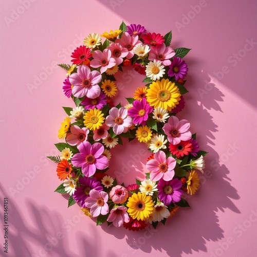 Floral arrangement in the shape of the number 8 for International Women's Day