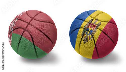 basketball balls with the national flags of moldova and belarus on the white background. photo