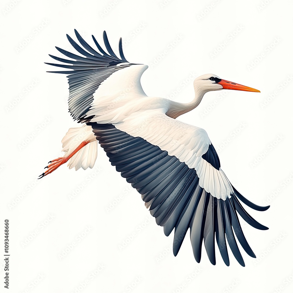 Obraz premium Majestic White Stork in Flight with Outstretched Wings Showcasing Stunning Feather Patterns Against a Clean Background