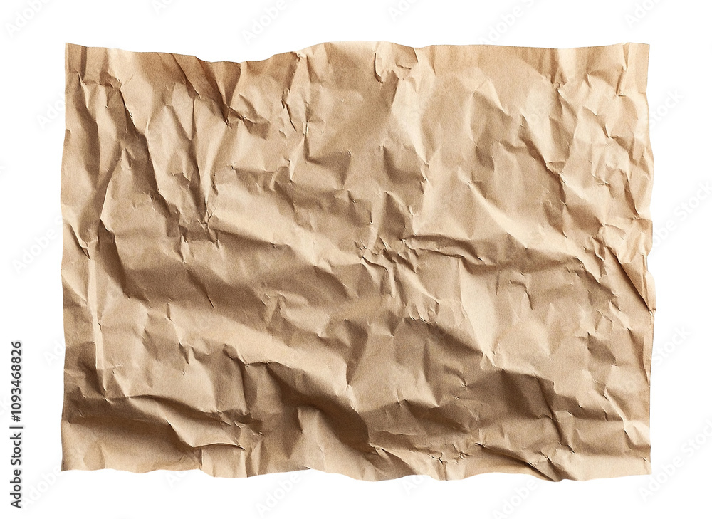 Crumpled brown craft paper sheet, isolated on transparent cutout background Crumpled brown craft paper sheet, isolated on transparent cutout background