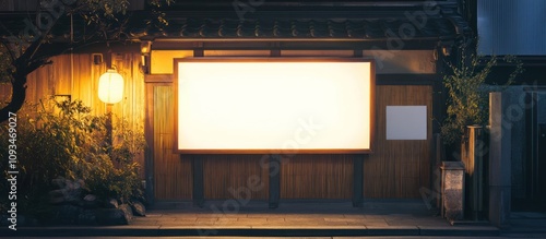 Illuminated Blank Billboard on a Tranquil Japanese Street at Night